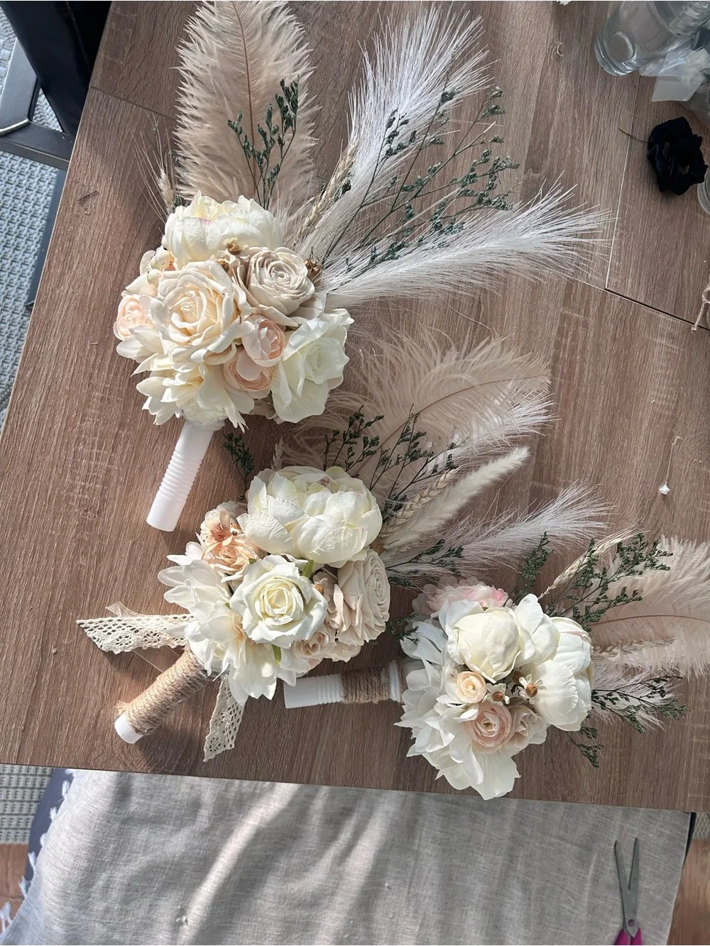 Handmade bride wedding bridal Bouquets white ivory boho neutral linen feathers